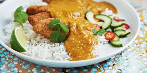 Chicken katsu curry with pickled cucumber