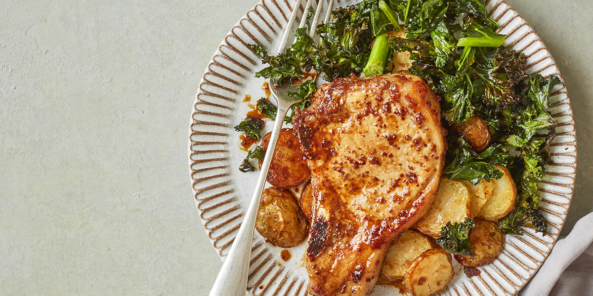 Maple pork chops and roasted greens