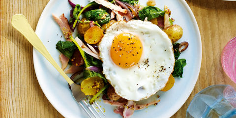 Ham and mustard hash with fried eggs