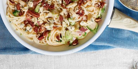 Shredded sprout and bacon spaghetti