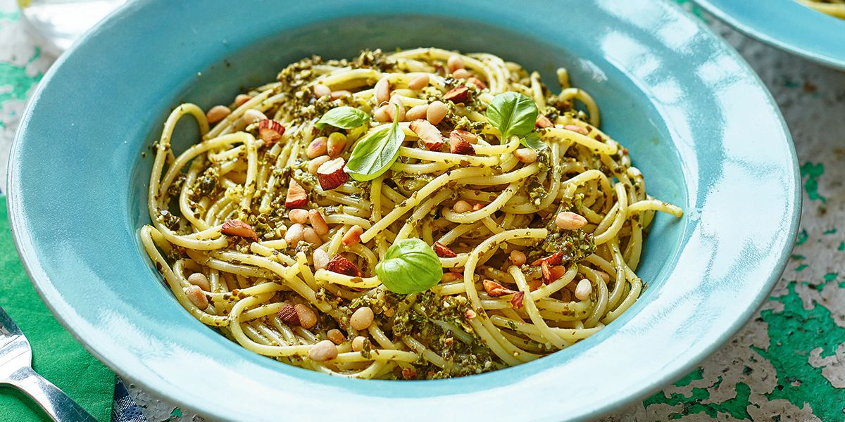 Spaghetti with spring greens pesto