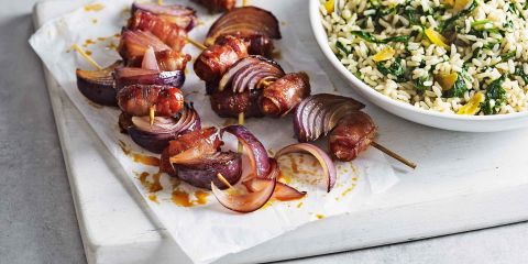 Pancetta-wrapped chorizo kebabs with apricot rice