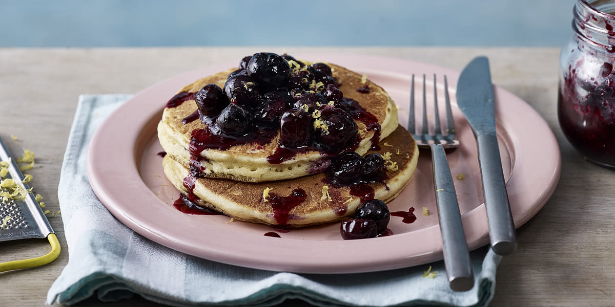 Light Blueberry-Ricotta Pancakes with Blueberry Sauce