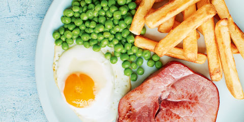 Ham, egg, chips and peas