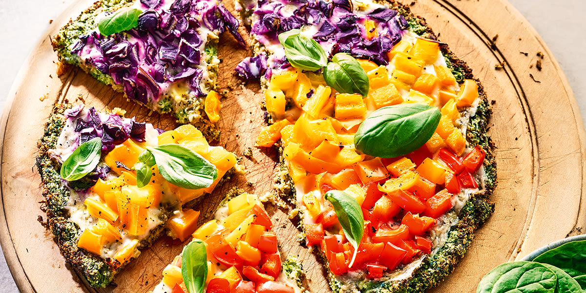 Rainbow pizza with broccoli base