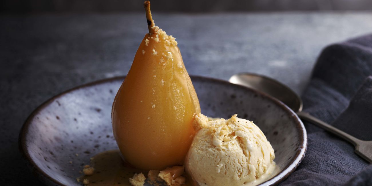 Earl Grey poached pears with ice cream