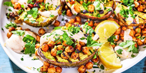 Grilled avocado with spiced chick peas
