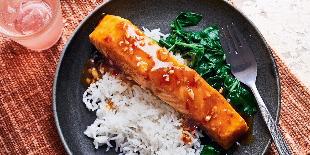 Soy glazed salmon with coconut rice