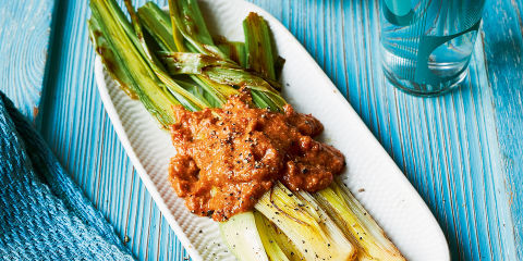 Leeks with romesco sauce