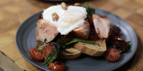 Salmon, egg and spinach open toasted sandwich 