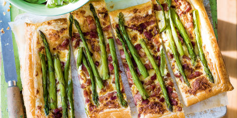 Asparagus, cheddar and bacon tart