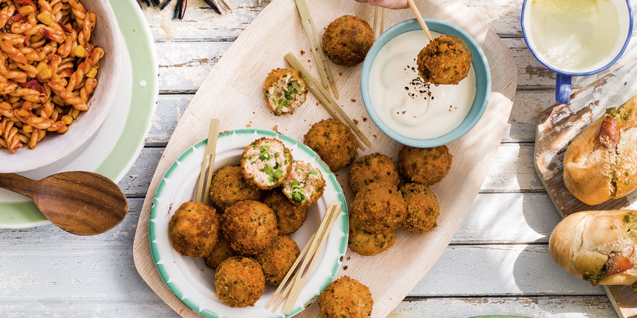 Crispy salmon and pea bites