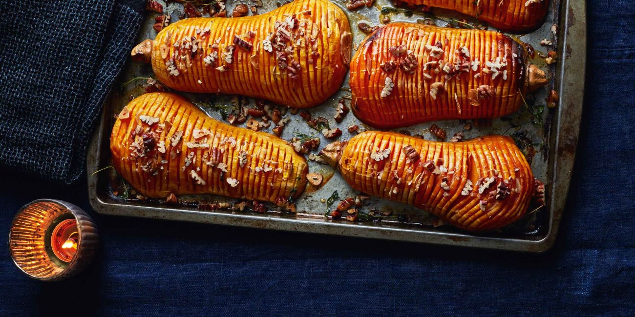 Hasselback squash with pecans and maple syrup 