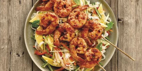 Encona Thai Sweet Chilli sauce tiger prawn skewers with a noodle salad