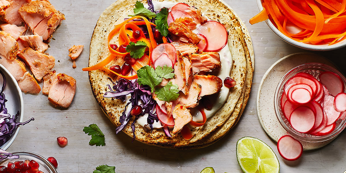 Roast salmon tacos with quick pickled carrots & radishes 