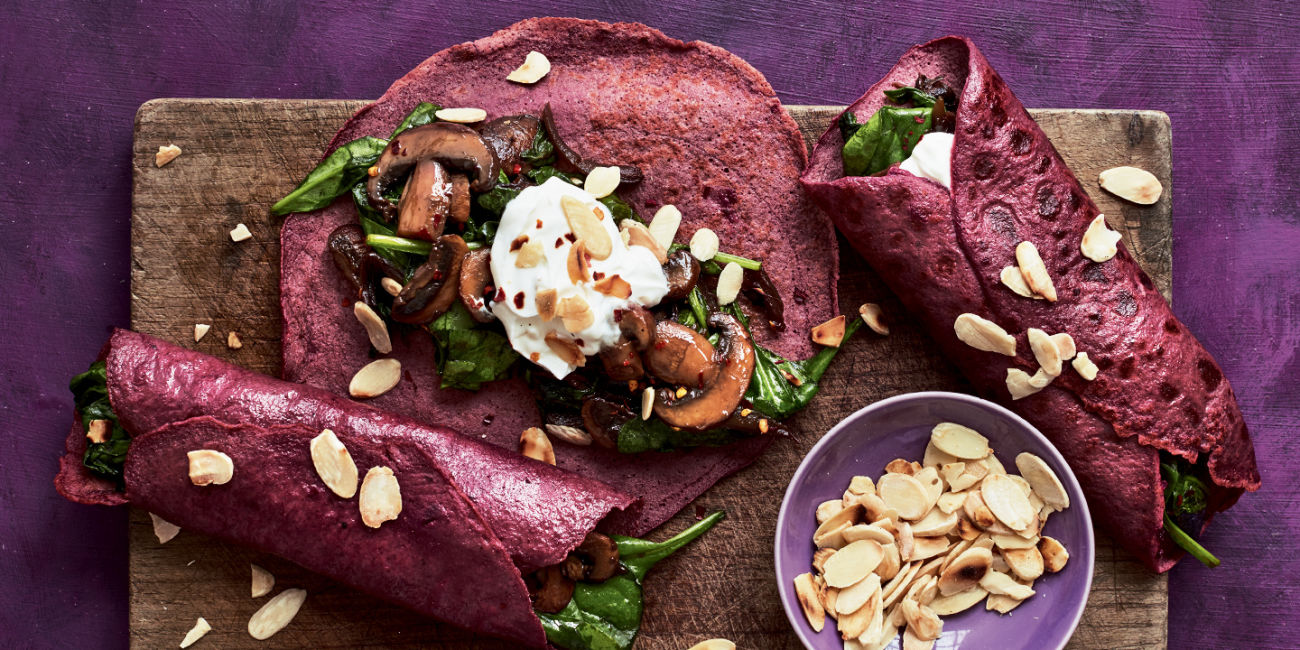 Masala beetroot crêpes with spiced mushrooms