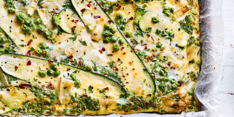 Pea and goat’s cheese sheet pan eggs