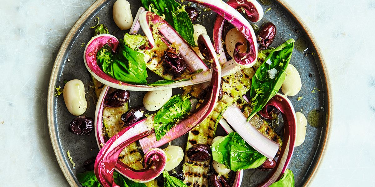 Grilled courgette, radicchio, olive and butter bean salad