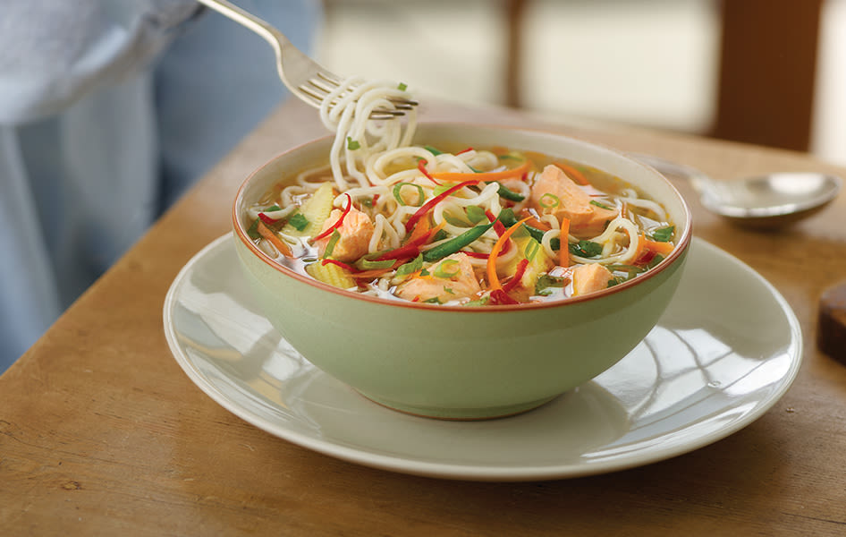 Thai-style salmon and noodle soup