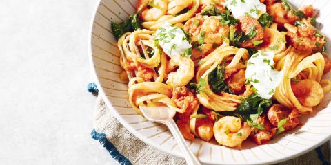 Prawn, chorizo and chilli pasta with lemon and herb ricotta