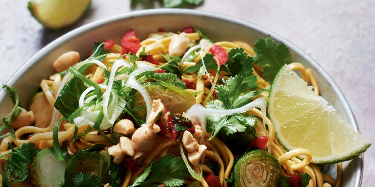 Soy roasted sprouts with noodles and chilli dressing
