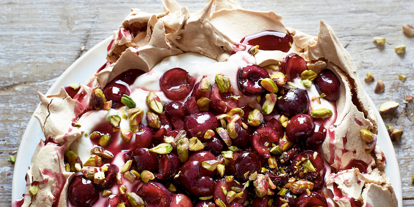 Cherry and pistachio brown sugar pavlova