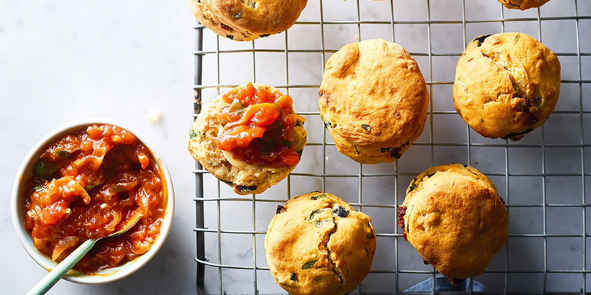 Basil & olive scones with sweet tomato chutney