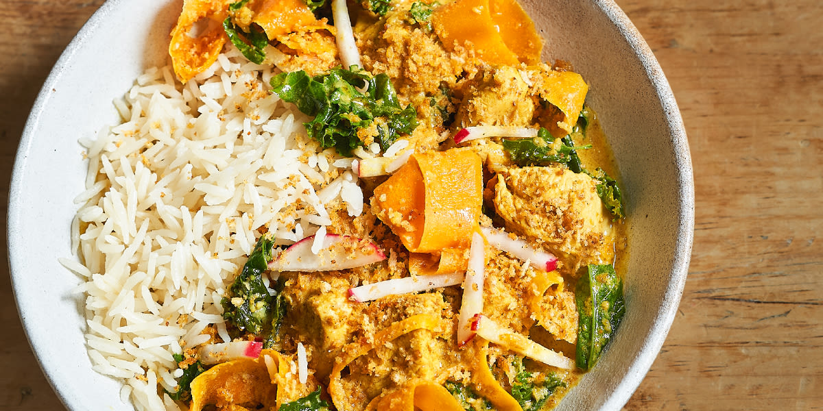 Chicken katsu curry casserole with crispy breadcrumbs