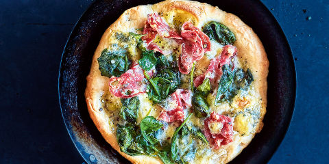 Spinach, salami and blue cheese pizza