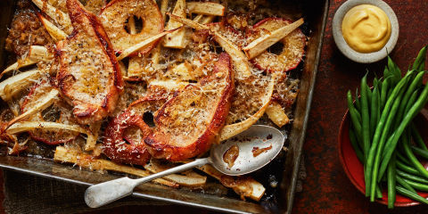 Parsnip, pork and apple traybake