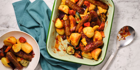 Vegan sausage traybake