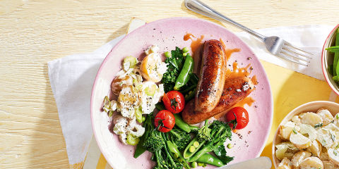 Devilled bangers with new potato salad