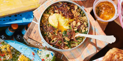 Indian rice bowl with turmeric eggs