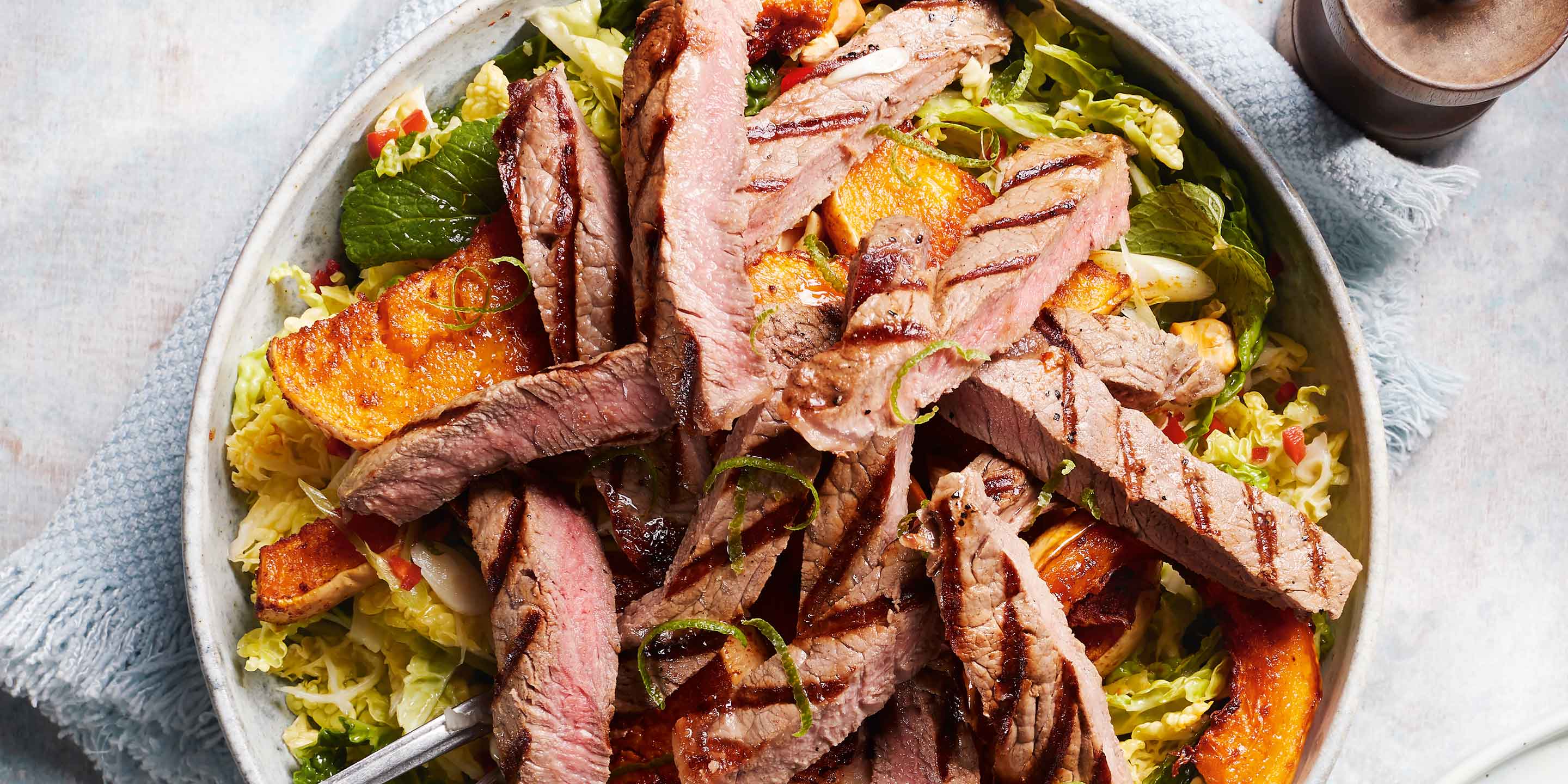 Spiced sirloin, squash and savoy salad