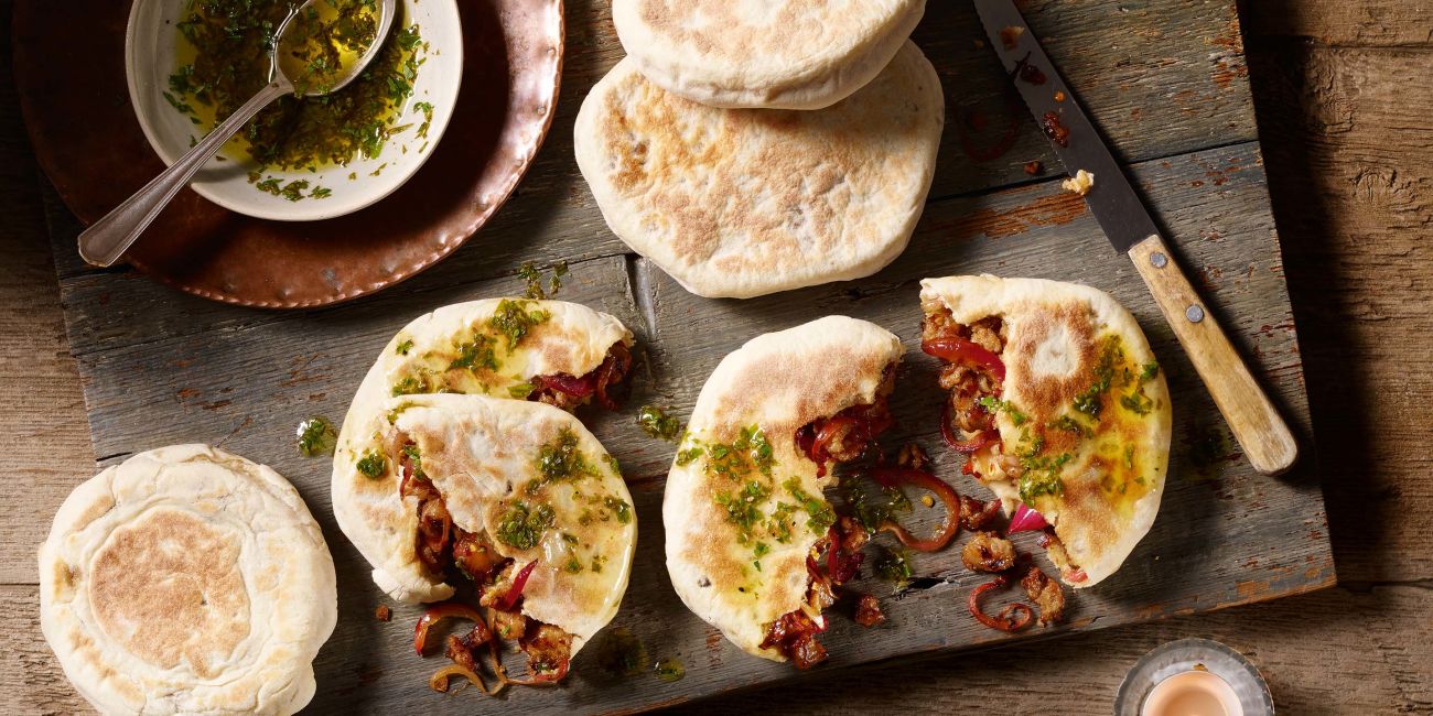 Sausage and caramelised onion flatbreads