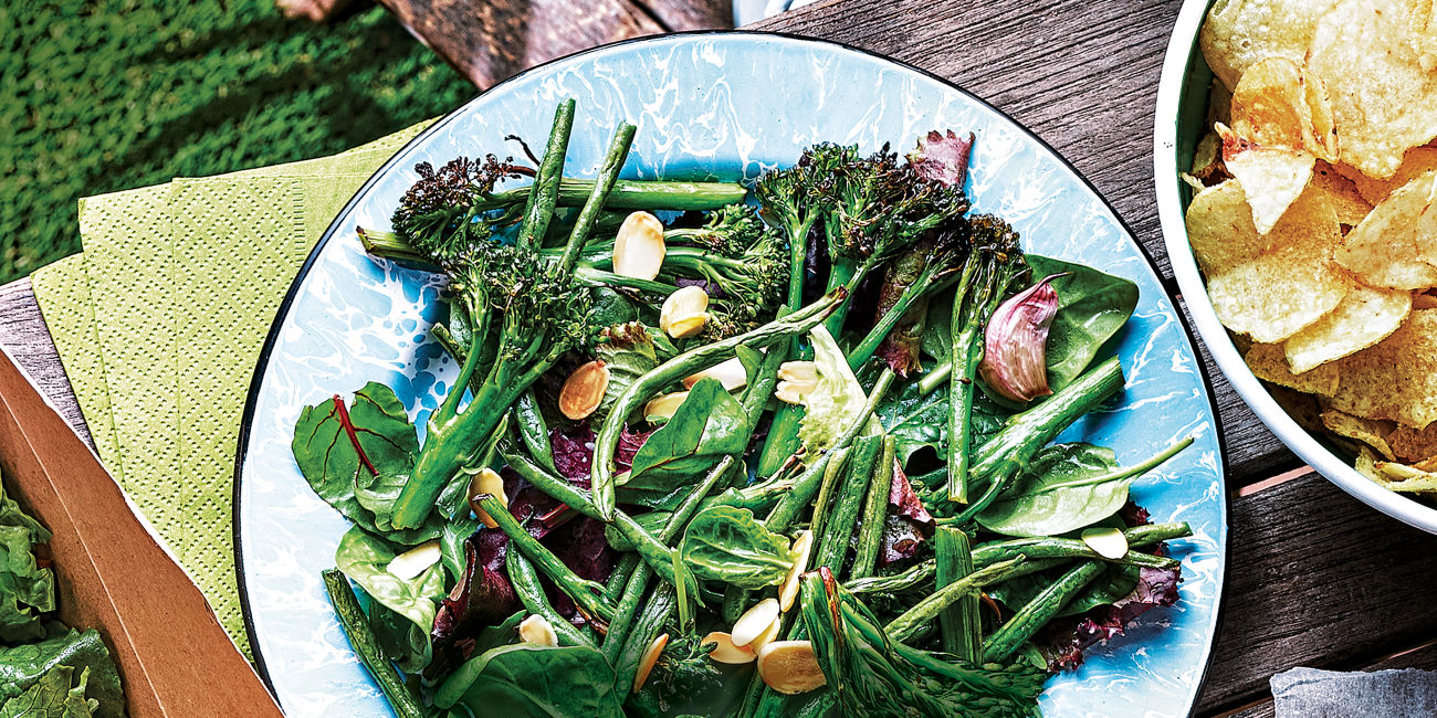 Roasted broccoli and green bean salad with almonds 