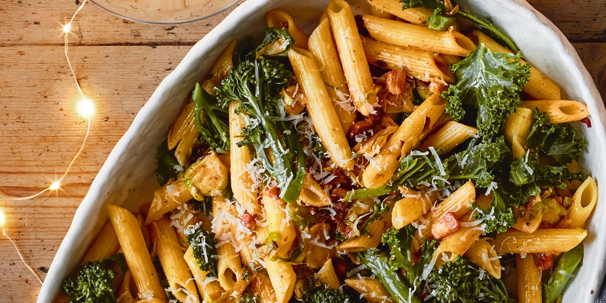 Sprout, pancetta and broccoli pasta salad