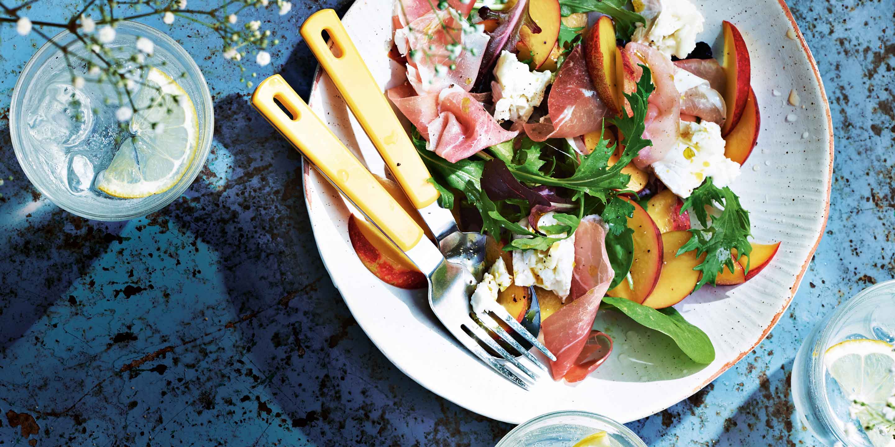 Pickled nectarine, goat’s cheese and Parma ham salad