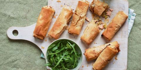 Salmon and leek filo rolls