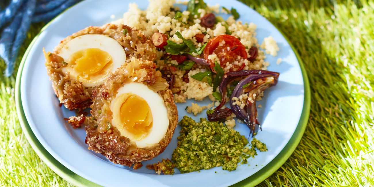 Onion bhaji Scotch eggs with dip