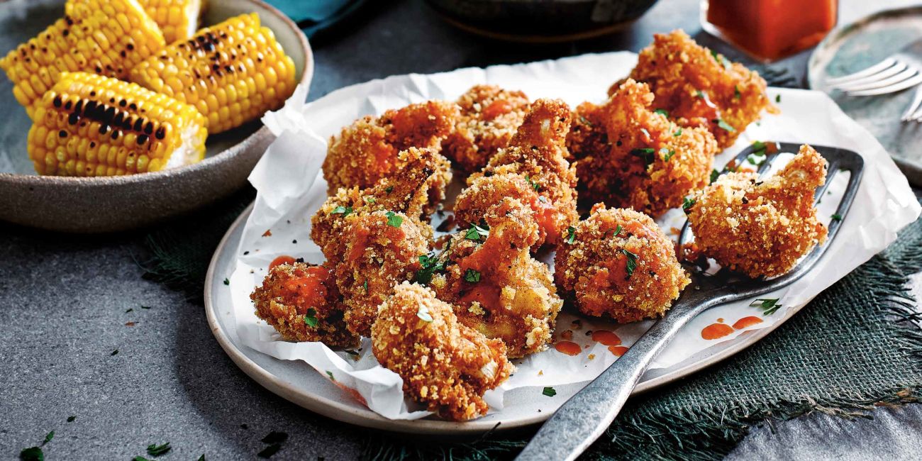Kentucky fried cauliflower with all the sides