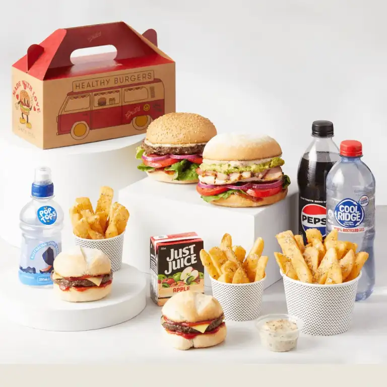 Grill'd Mini Me family meal deal bundle - family bundle deal with 2 adult burgers, 2 kids burgers, chips and drinks