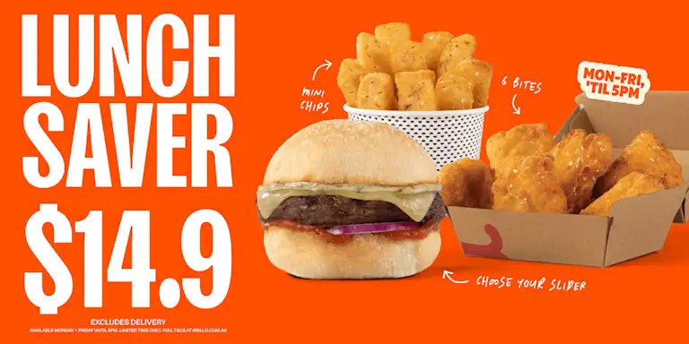 $14.9 Lunch Saver Bundle. Choice of slider, mini chips, healthy fried chicken bites. Available Monday - Friday 'til 5PM.