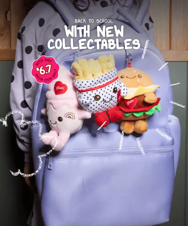 Grill'd plush collectable toys attached to a purple school backpack