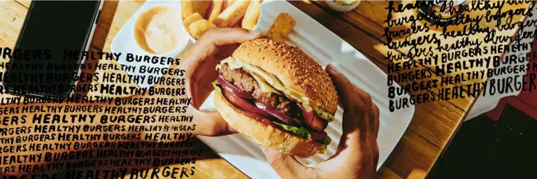 Grill'd image with burger and illustrated text that says 'Healthy Burgers' in different styles
