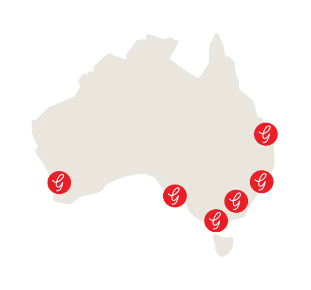 Map of Australia with Grill'd icons, marking the location of our City Support restaurants
