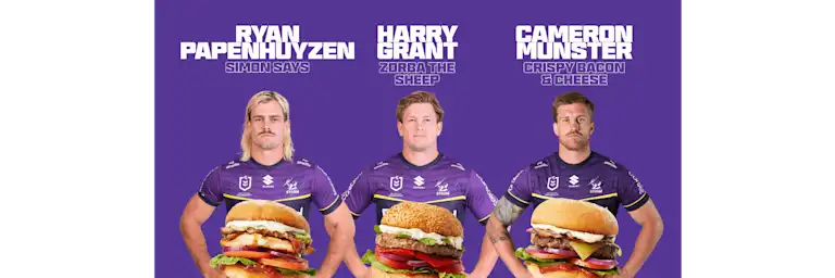 Storm players Ryan Papenhuyzen, Harry Grant, Cameron Munster and their favourite burgers