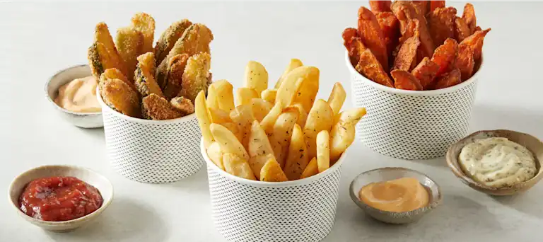 Famous Grill'd chips + Sweet potato chips + Zucchini chips with four dips; herbed mayo, sweet chilli mayo & chipotle mayo.
