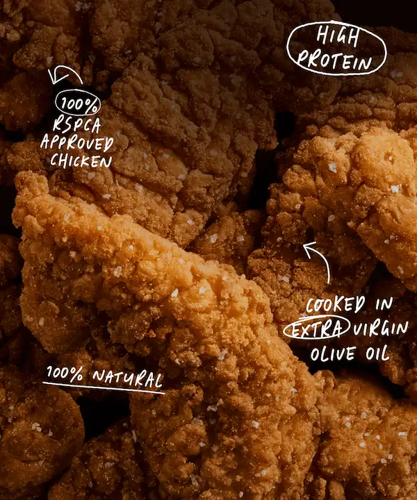 Healthy fried chicken tenders. High protein, cooked in extra virgin olive oil.