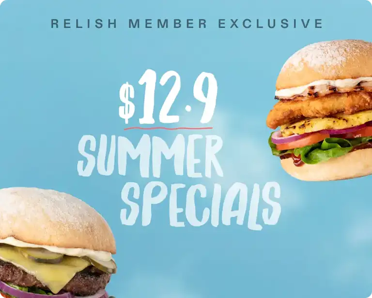 A wagyu burger and fried chicken burger against a sky blue background with clouds. Graphic texts reads $12.9 summer specials.